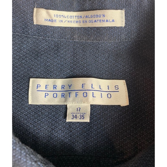 Perry Ellis Portfolio Mens Navy Blue Textured Cotton Button Down Shirt 17 34-35 - Picture 5 of 8